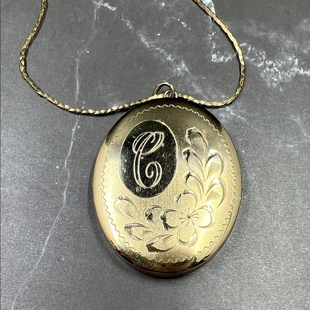 Gold Filled Floral Engraved Initial 'C' Locket Necklace